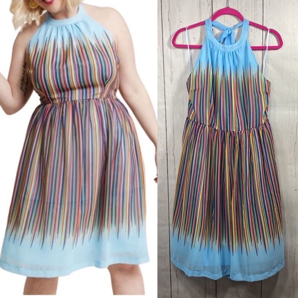 ModCloth Blue Rainbow Stripe Halter Chiffon Fit & Flare Dress Colerful Whimsical